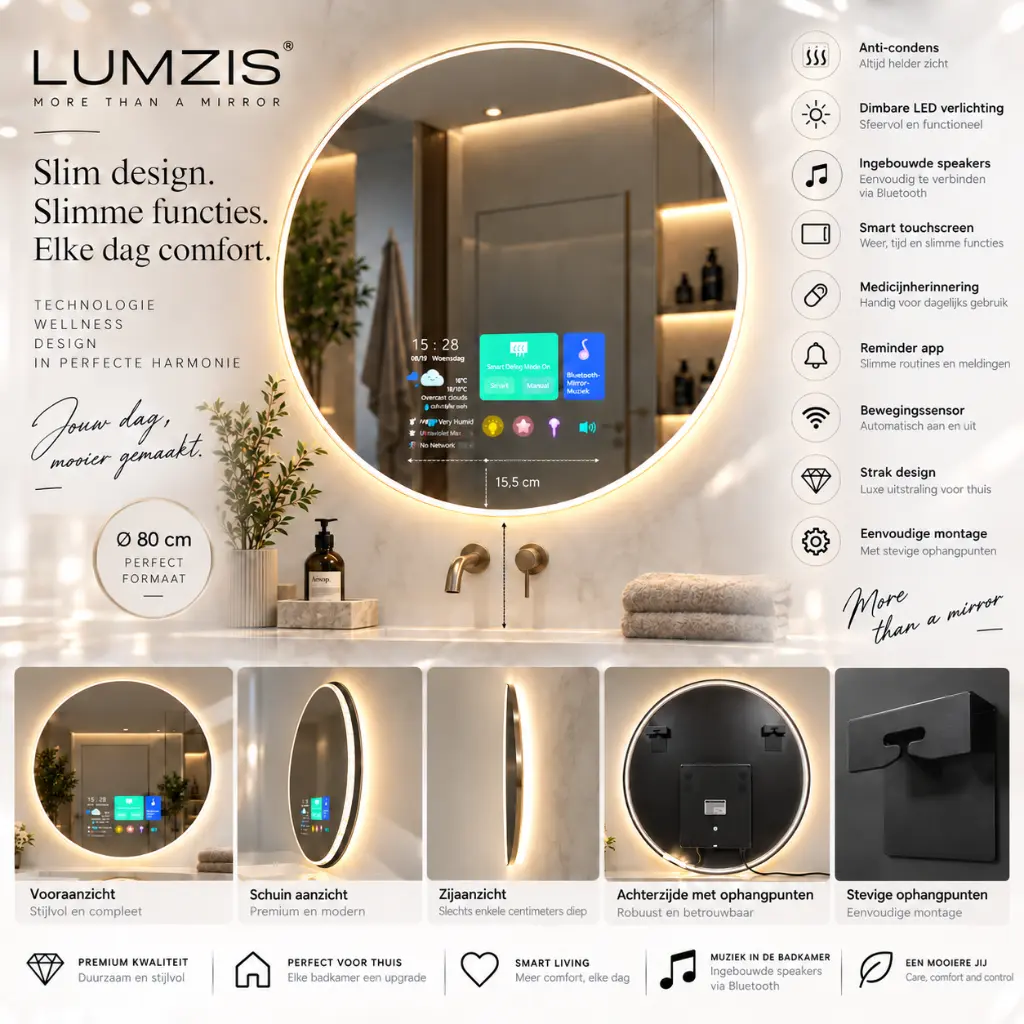 USPs van de Lumzis badkamer spiegel met Smart functie en Speakers bluetooth.webp